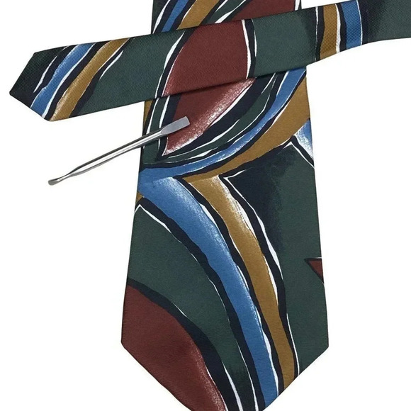 Pierre Cardin Men's Silk Tie Geometric Pattern Green Blue Brown Vintage - Picture 8 of 16